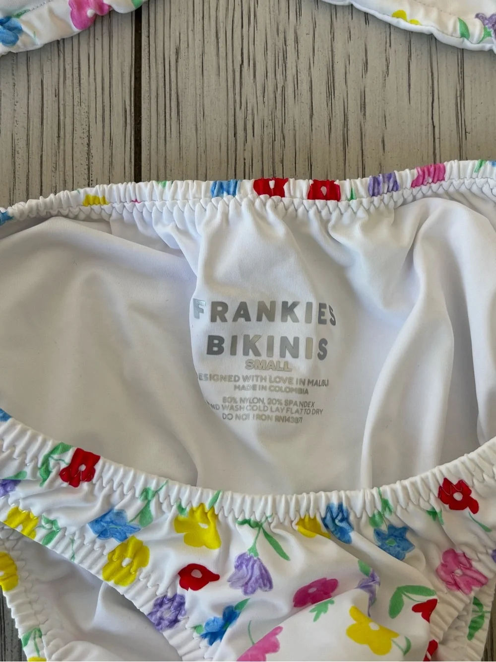 Frankie's Bikinis White Floral Triangle String Bikini with Multicolor Flowers